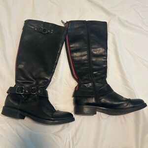 MK Black Leather Knee-High Boots with Red Accents